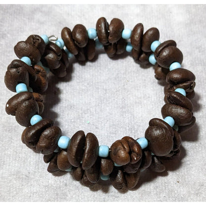 Bohemian Coffee Bean And Blue Glass Beaded Coil Bracelet