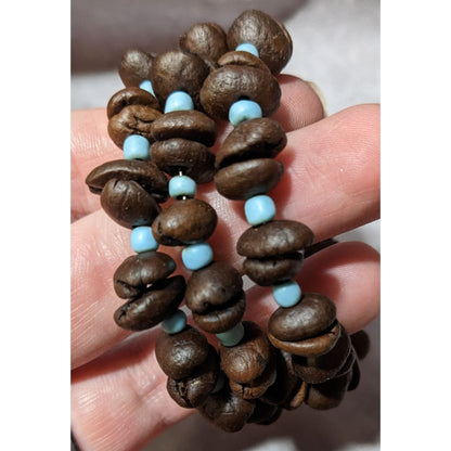 Bohemian Coffee Bean And Blue Glass Beaded Coil Bracelet