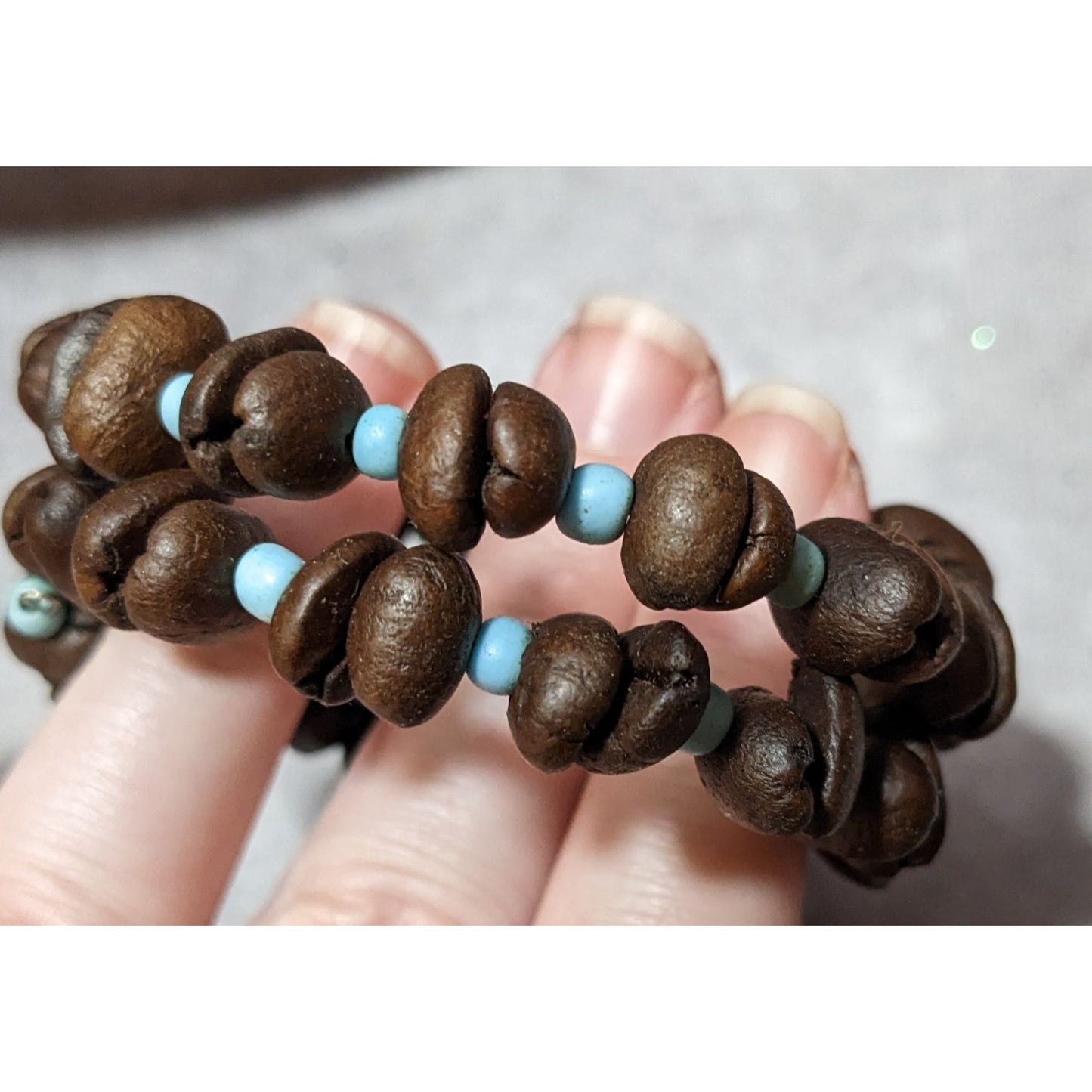 Bohemian Coffee Bean And Blue Glass Beaded Coil Bracelet