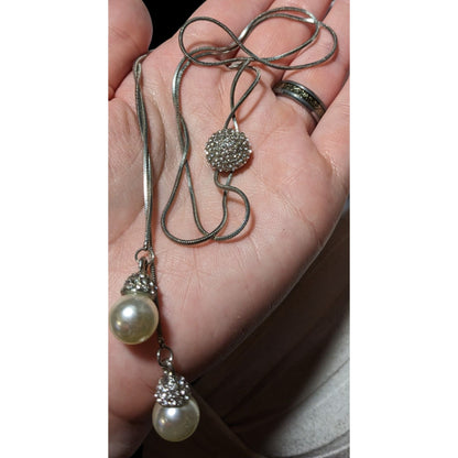 Silver Rhinestone Pearl Adjustable Bolo Necklace