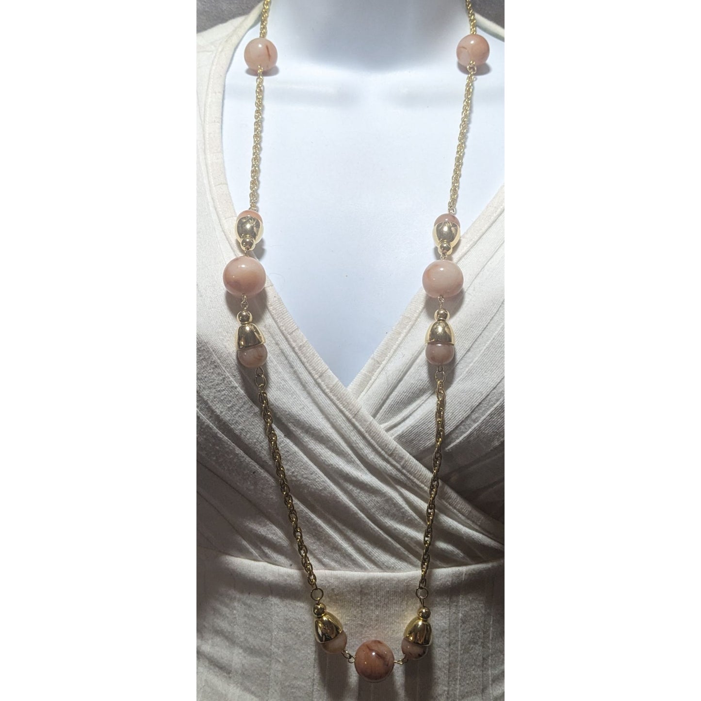 Vintage Gold-Tone Chain Necklace With Pink Beads