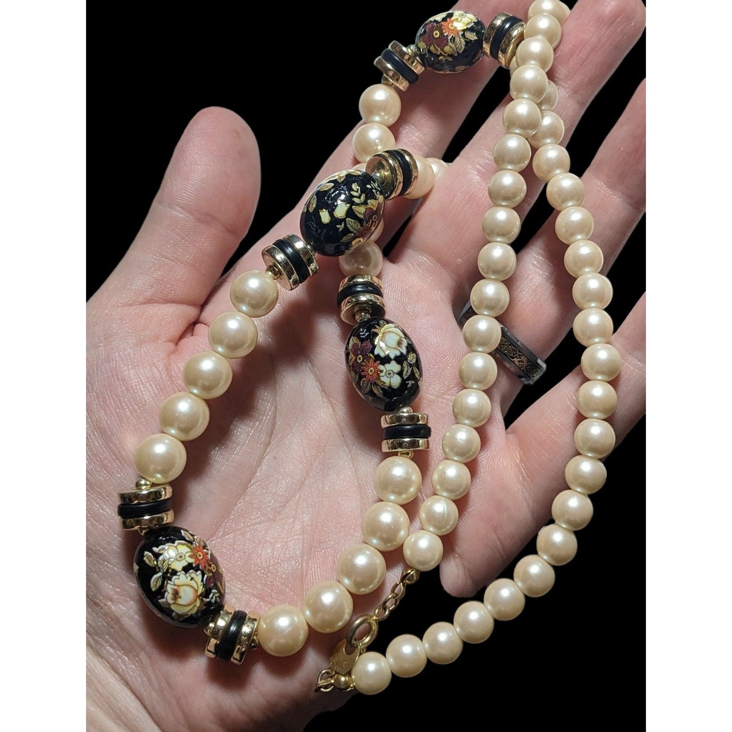 Vintage Cream And Black Pearl Floral Necklace