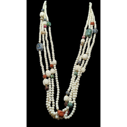 Vintage White And Rainbow Beaded Lucite Necklace