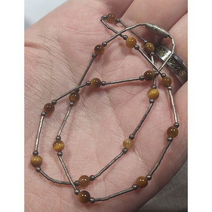 Tiger Eye Studded Silver Tone Tube Bead Necklace