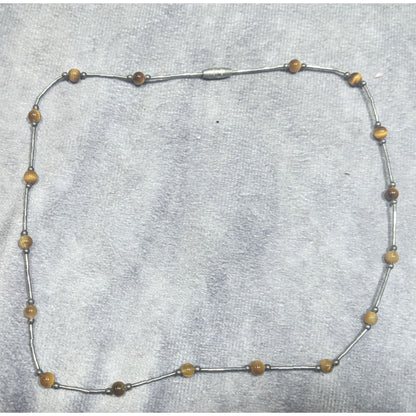 Tiger Eye Studded Silver Tone Tube Bead Necklace