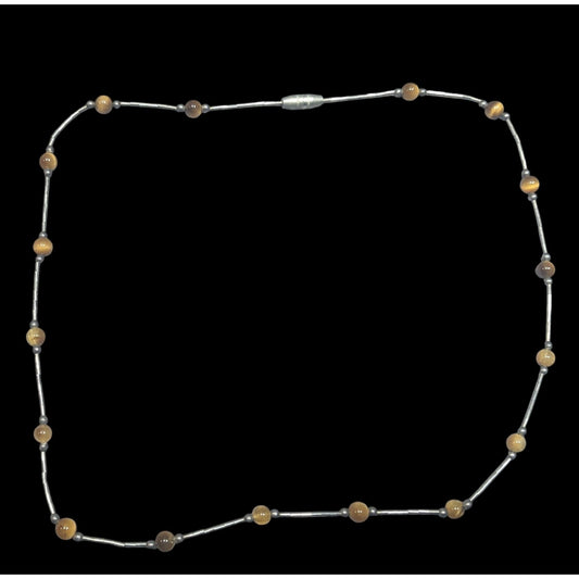Tiger Eye Studded Silver Tone Tube Bead Necklace