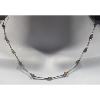 Tiger Eye Studded Silver Tone Tube Bead Necklace
