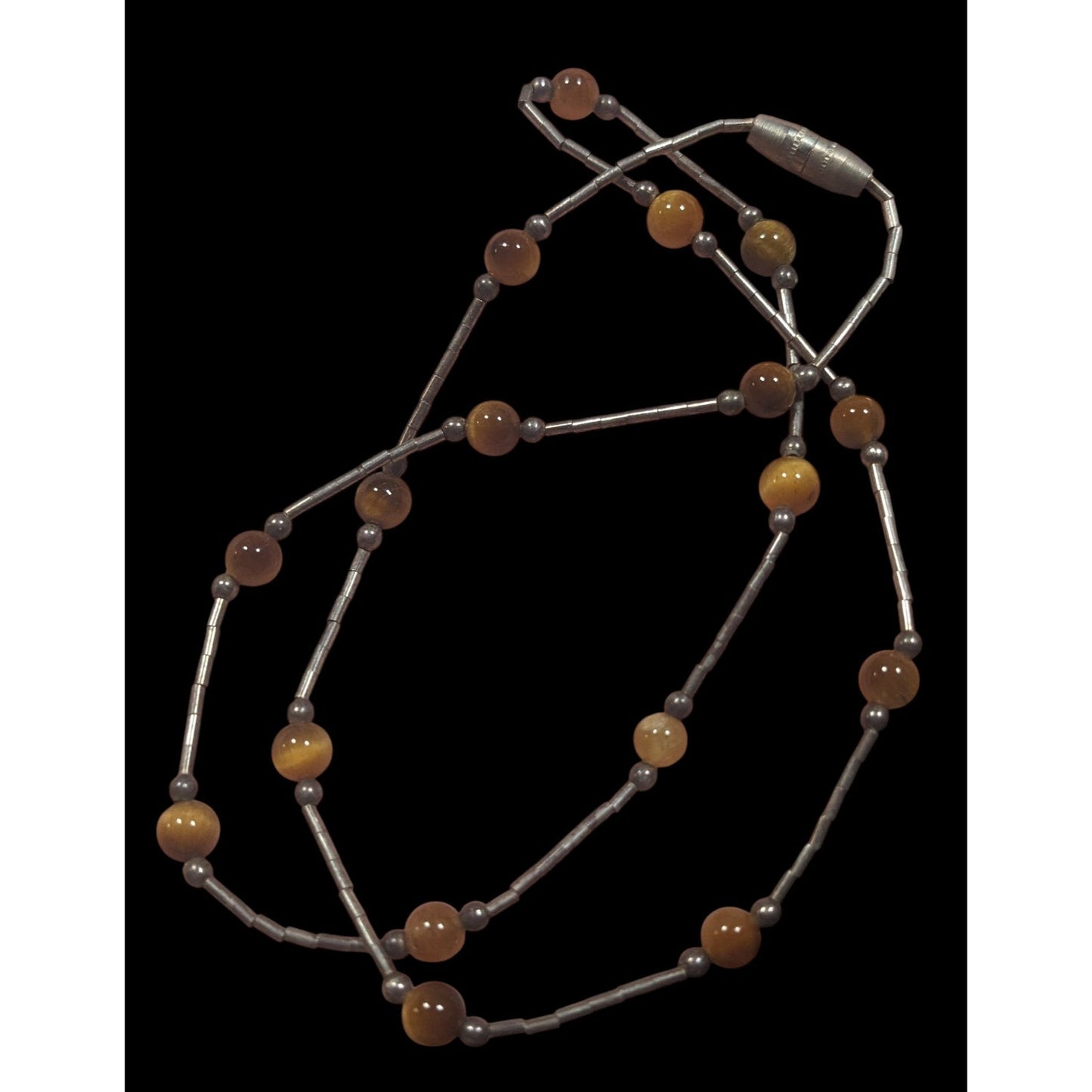 Tiger Eye Studded Silver Tone Tube Bead Necklace