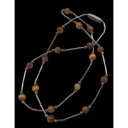 Tiger Eye Studded Silver Tone Tube Bead Necklace