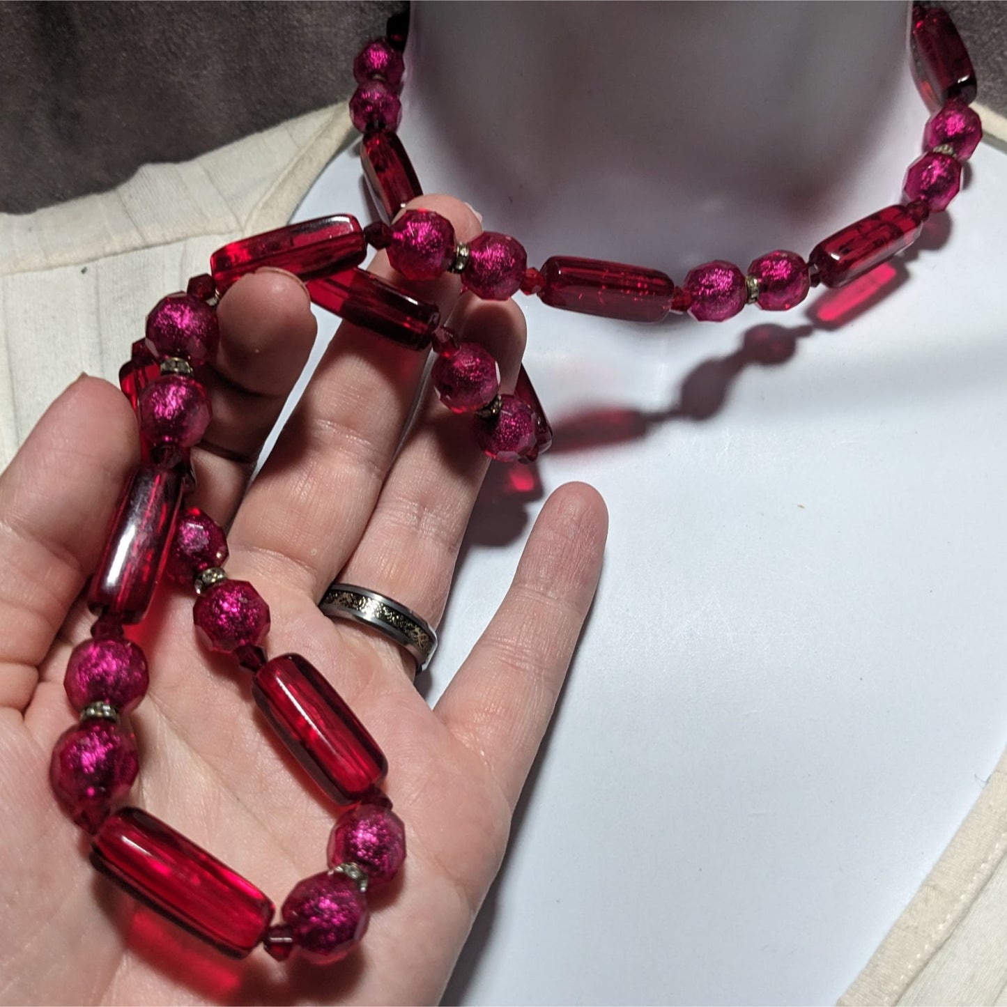 Vintage Pink And Red Beaded Statement Necklace