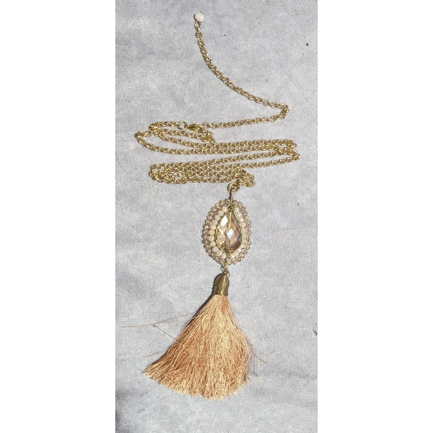 Bohemian Crystal Pendant Necklace With Tassel & Beaded Details