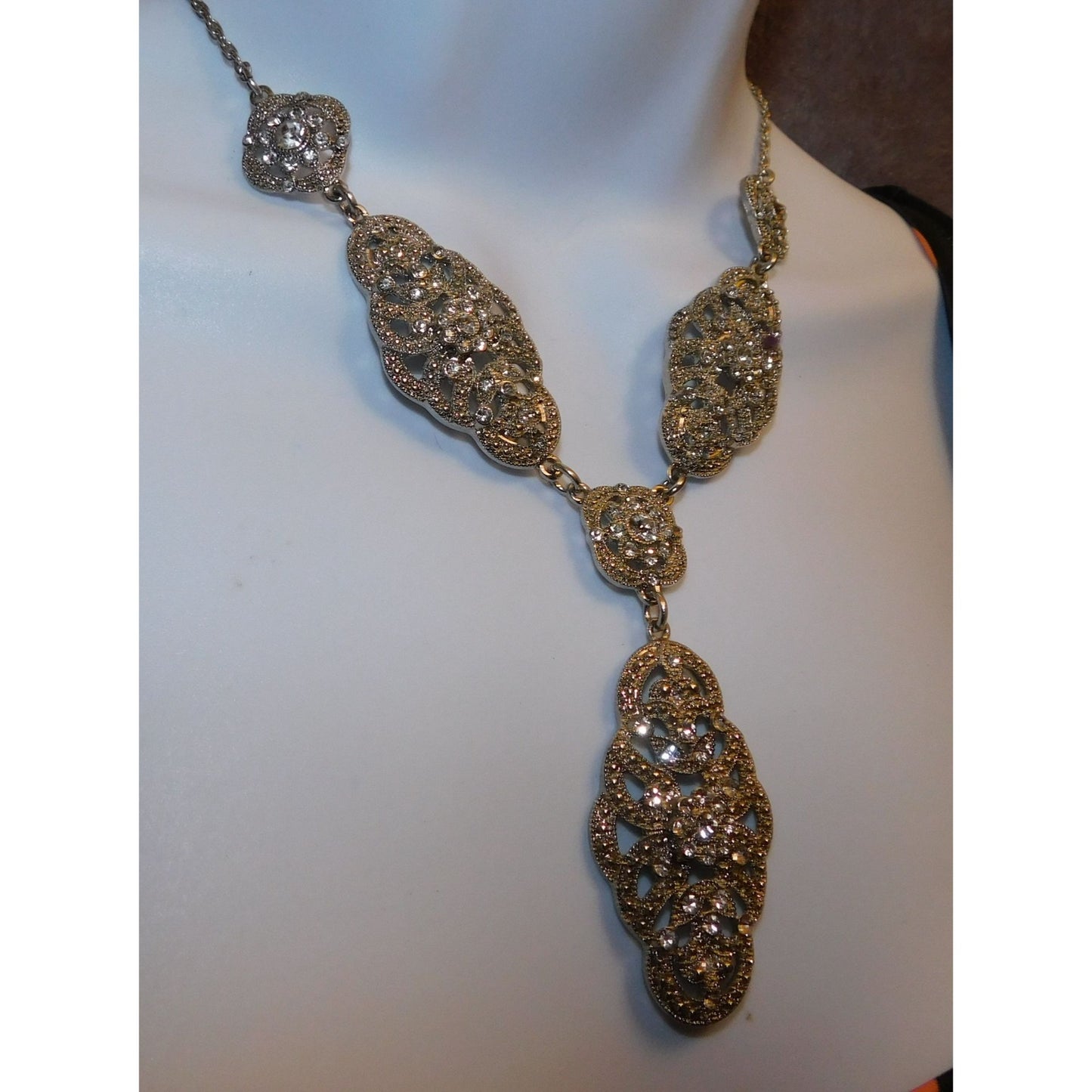 Silver Rhinestone Bridal Y Drop Necklace