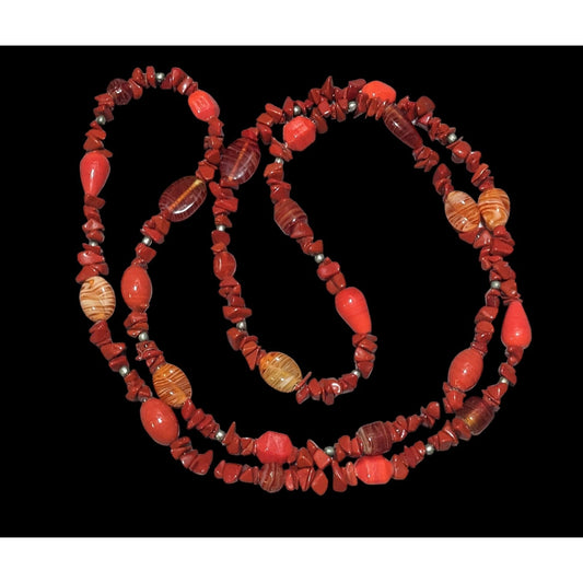 Red Jasper Chip And Glass Beaded Necklace