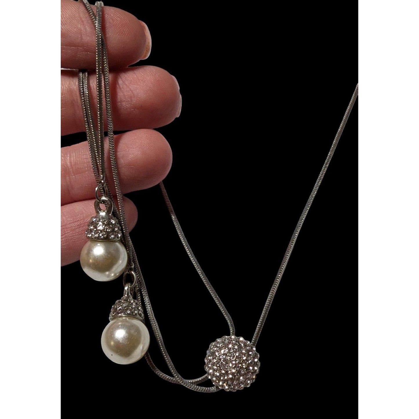 Silver Rhinestone Pearl Adjustable Bolo Necklace