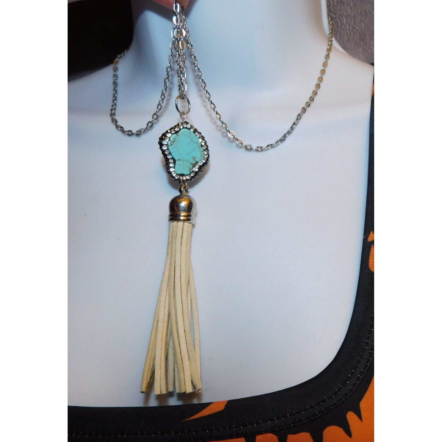 Turquoise Rhinestone Tassel Necklace