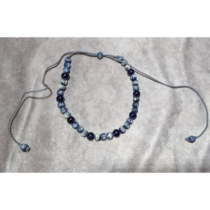 Retro Blue And White Beaded Cord Necklace