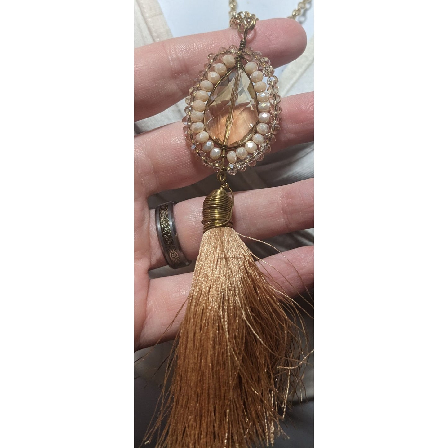 Bohemian Crystal Pendant Necklace With Tassel & Beaded Details