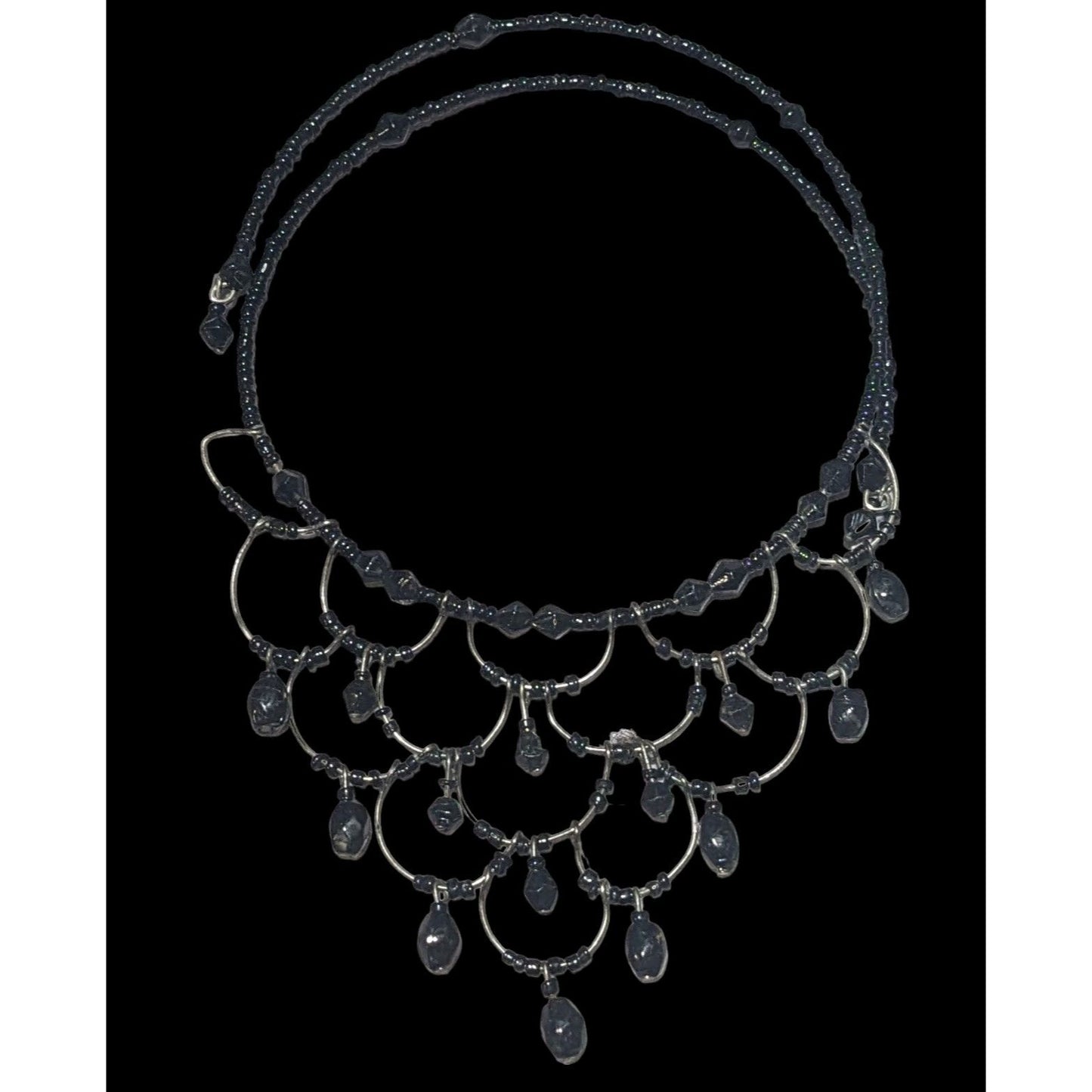 Gothic Beaded Cascade Coil Wire Necklace