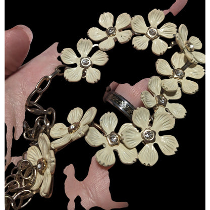 Vintage Cream Floral Necklace With Rhinestones