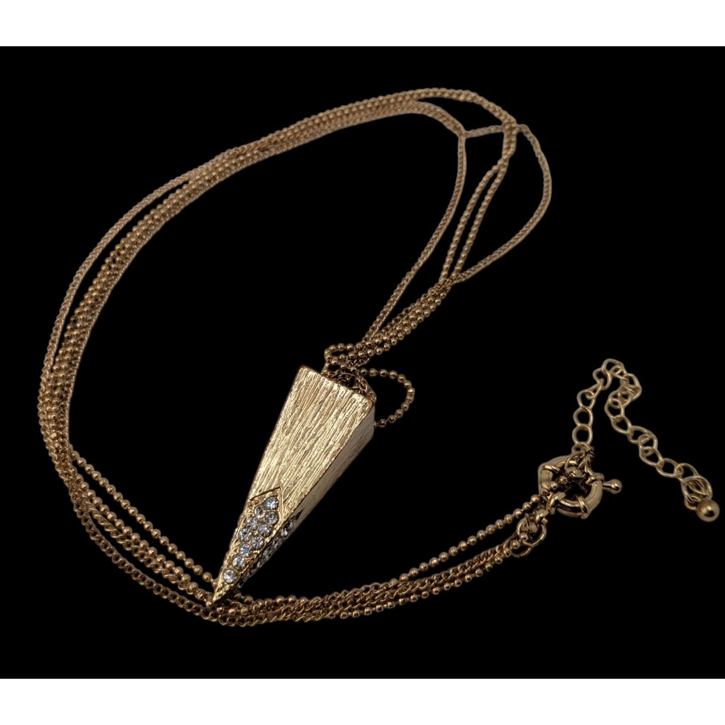 Double Chain Geometric Pendant Necklace Gold Tone Triangle Rhinestone Glam