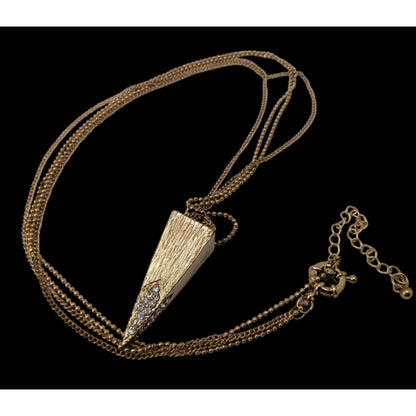 Double Chain Geometric Pendant Necklace Gold Tone Triangle Rhinestone Glam