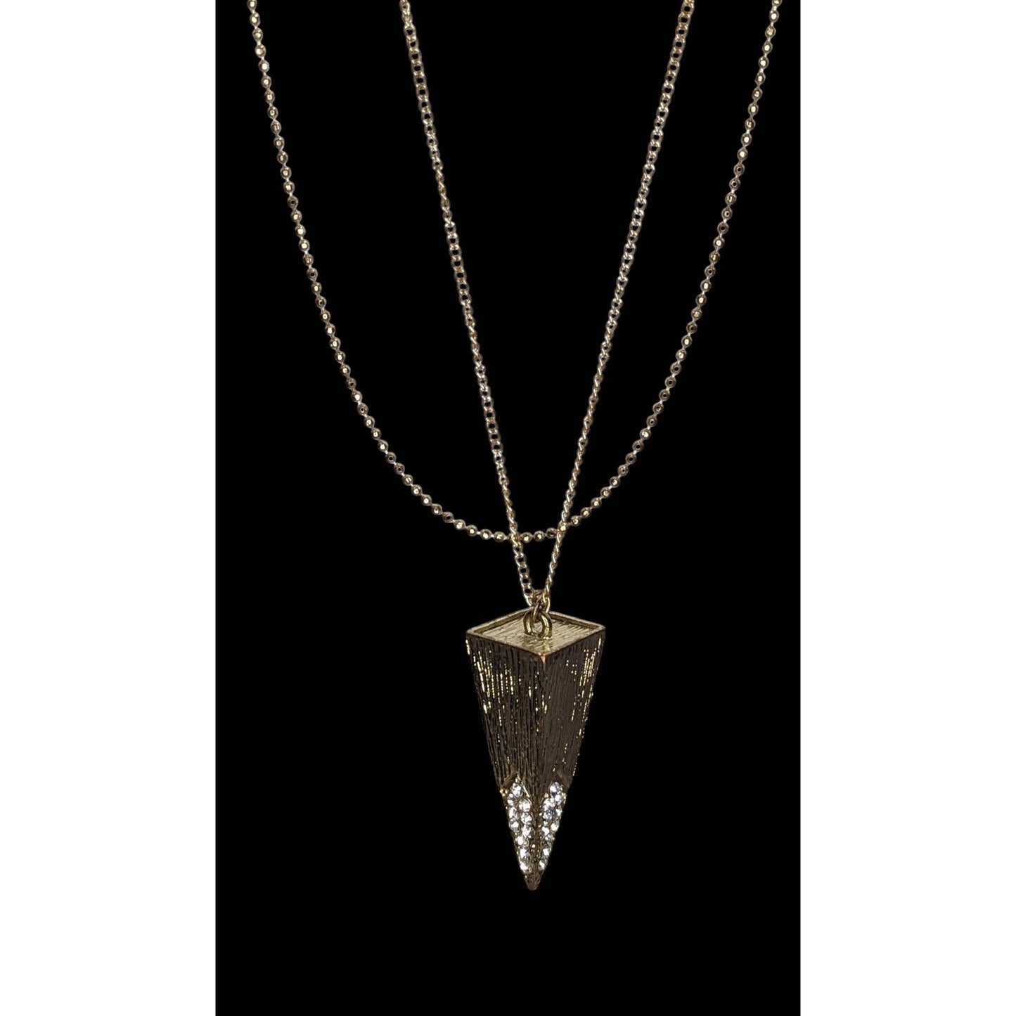 Double Chain Geometric Pendant Necklace Gold Tone Triangle Rhinestone Glam