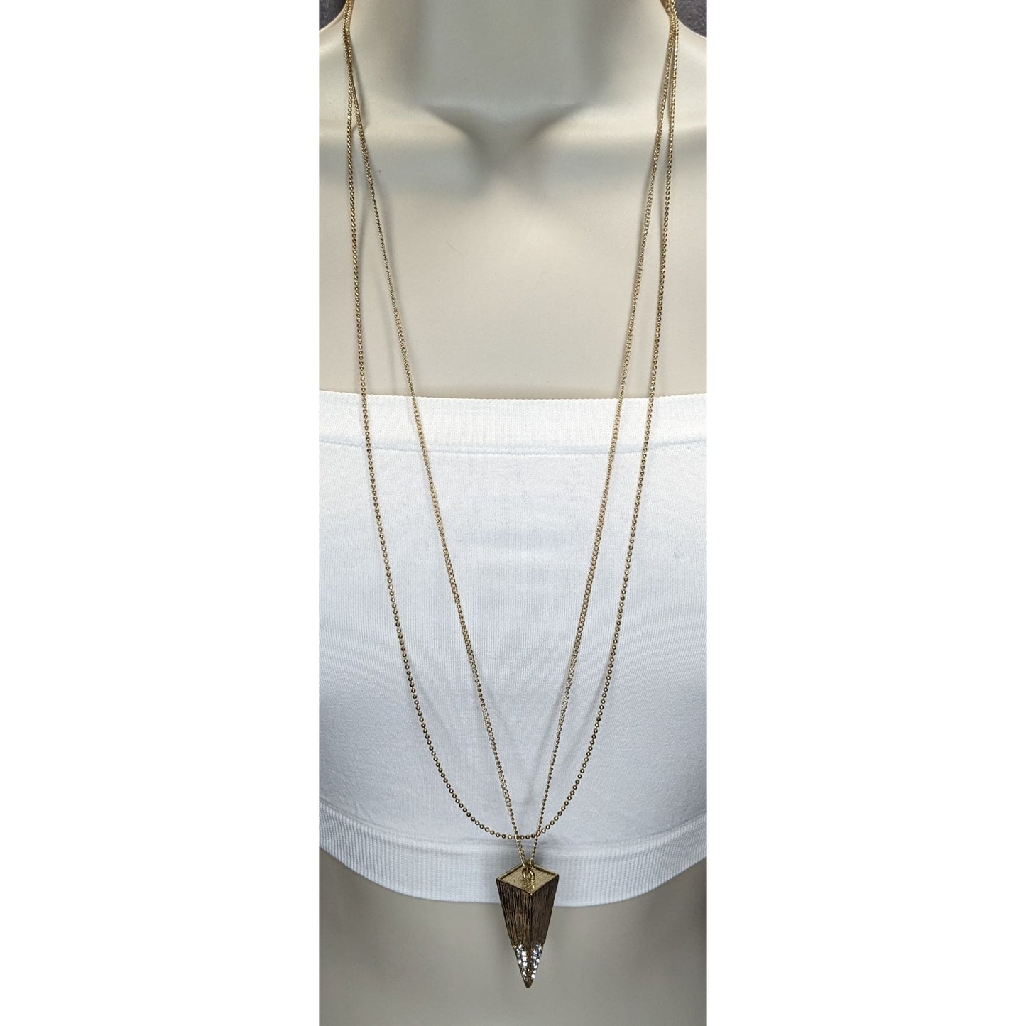 Double Chain Geometric Pendant Necklace Gold Tone Triangle Rhinestone Glam