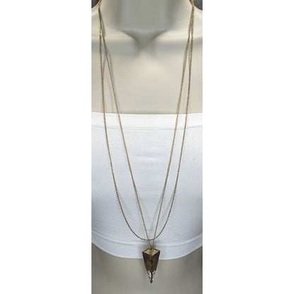 Double Chain Geometric Pendant Necklace Gold Tone Triangle Rhinestone Glam