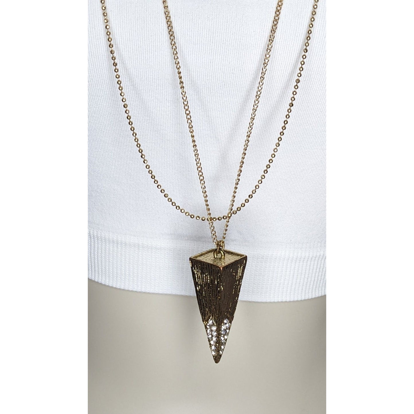 Double Chain Geometric Pendant Necklace Gold Tone Triangle Rhinestone Glam