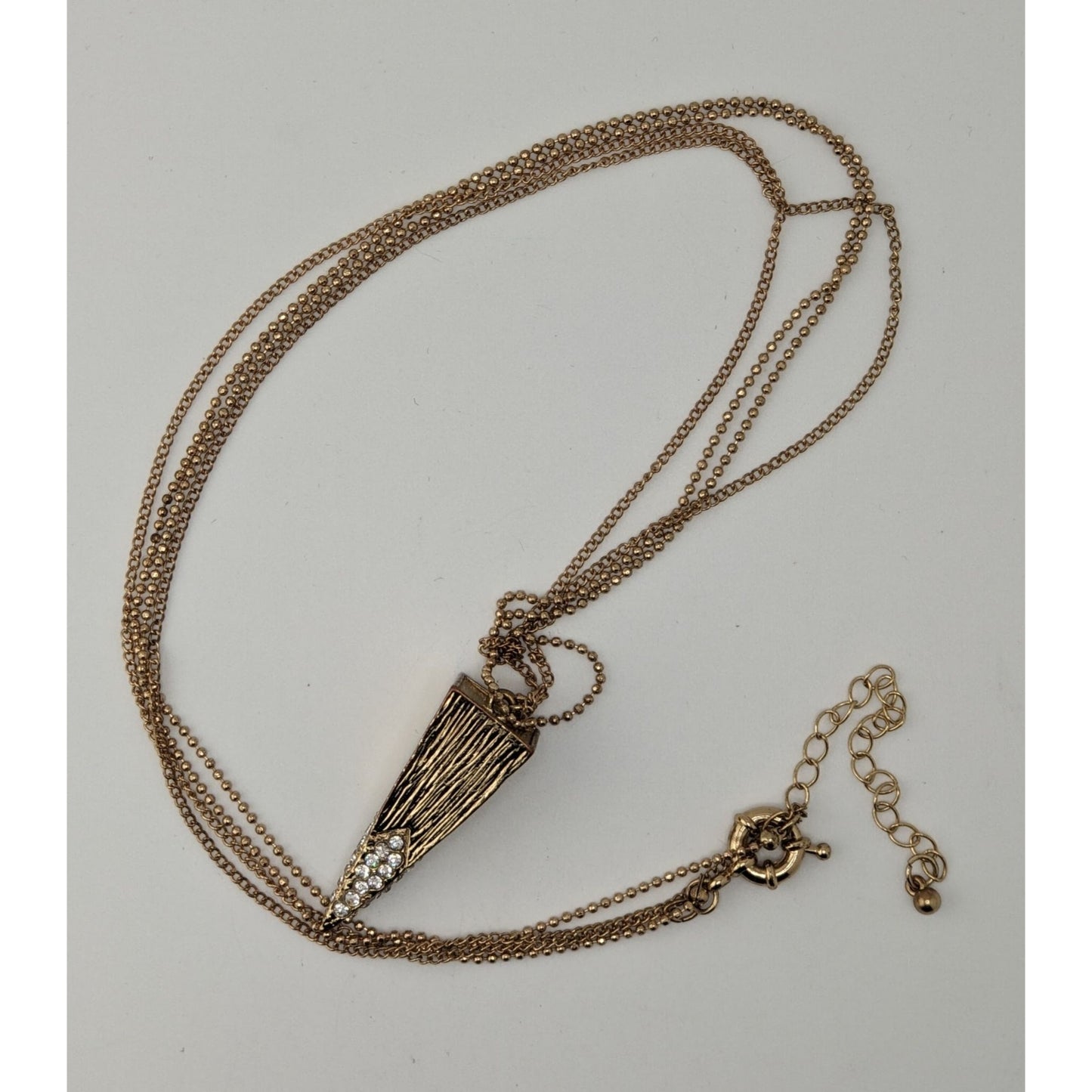 Double Chain Geometric Pendant Necklace Gold Tone Triangle Rhinestone Glam