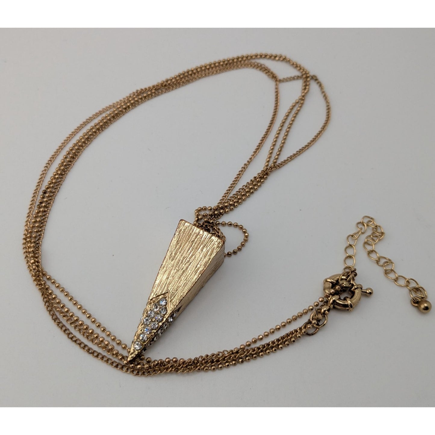Double Chain Geometric Pendant Necklace Gold Tone Triangle Rhinestone Glam