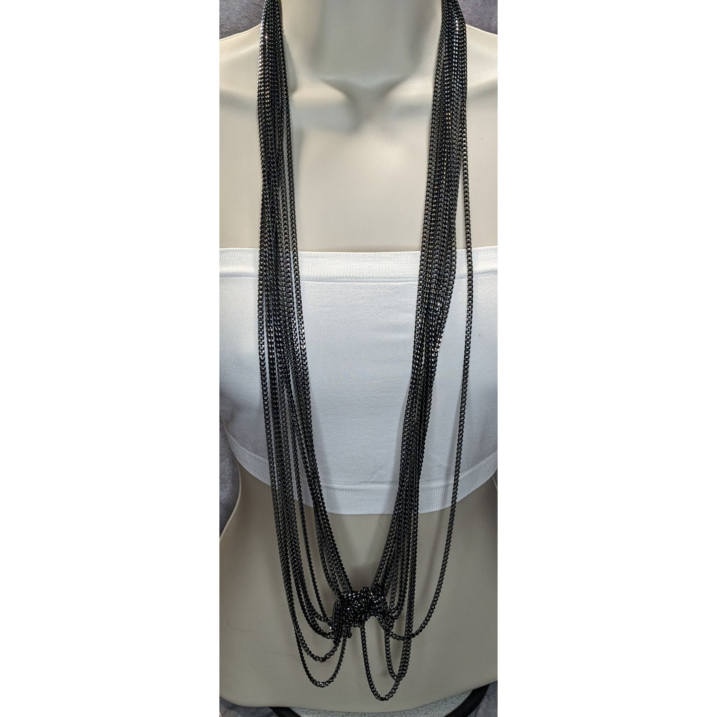 Glam Goth Layered Black Chain Necklace Statement Multi Strand Etched Silver Faceted Jewelry