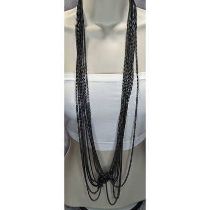 Glam Goth Layered Black Chain Necklace Statement Multi Strand Etched Silver Faceted Jewelry