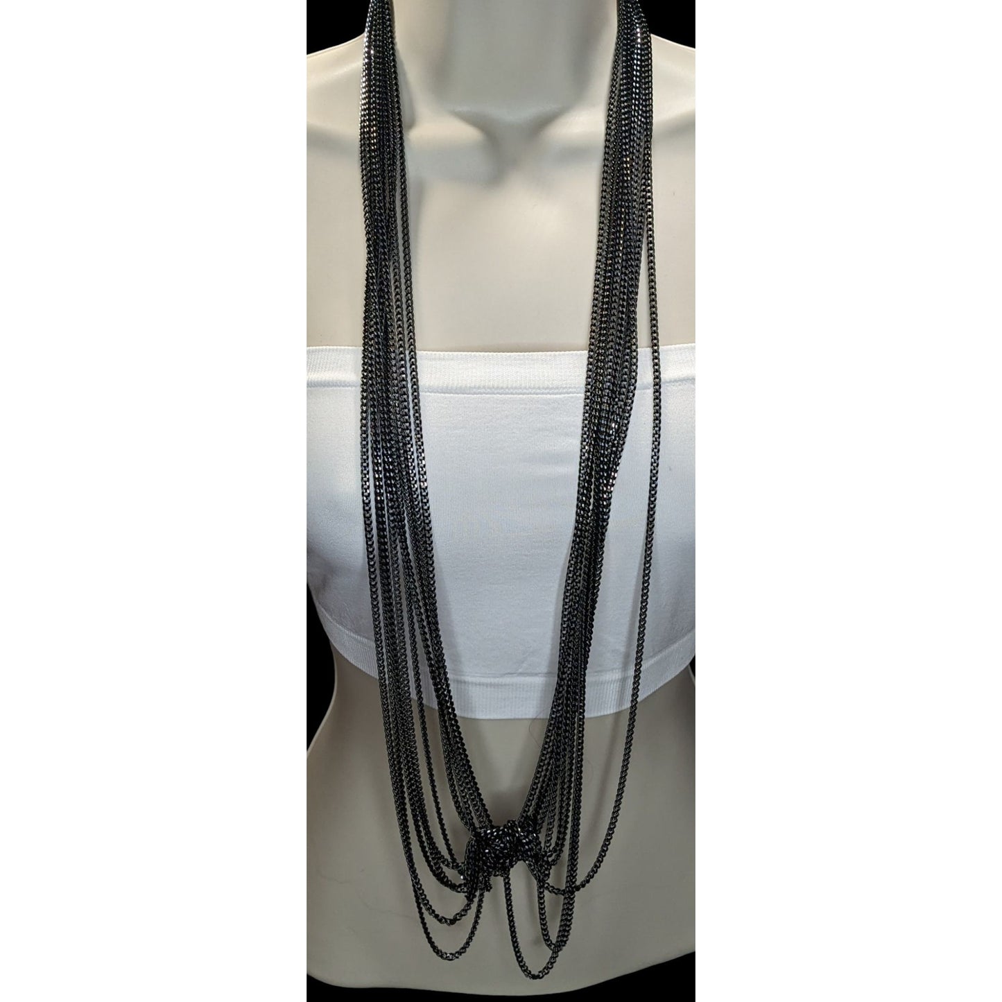 Glam Goth Layered Black Chain Necklace Statement Multi Strand Etched Silver Faceted Jewelry