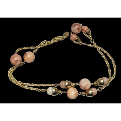 Vintage Gold-Tone Chain Necklace With Pink Beads