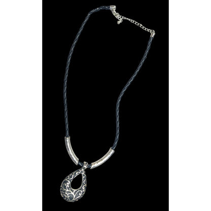 Victorian Gothic Floral Scroll Teardrop Black And Silver Tone Pendant Necklace