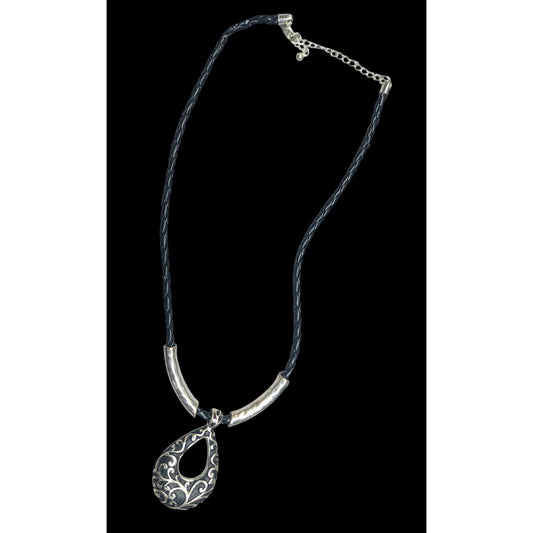 Victorian Gothic Floral Scroll Teardrop Black And Silver Tone Pendant Necklace