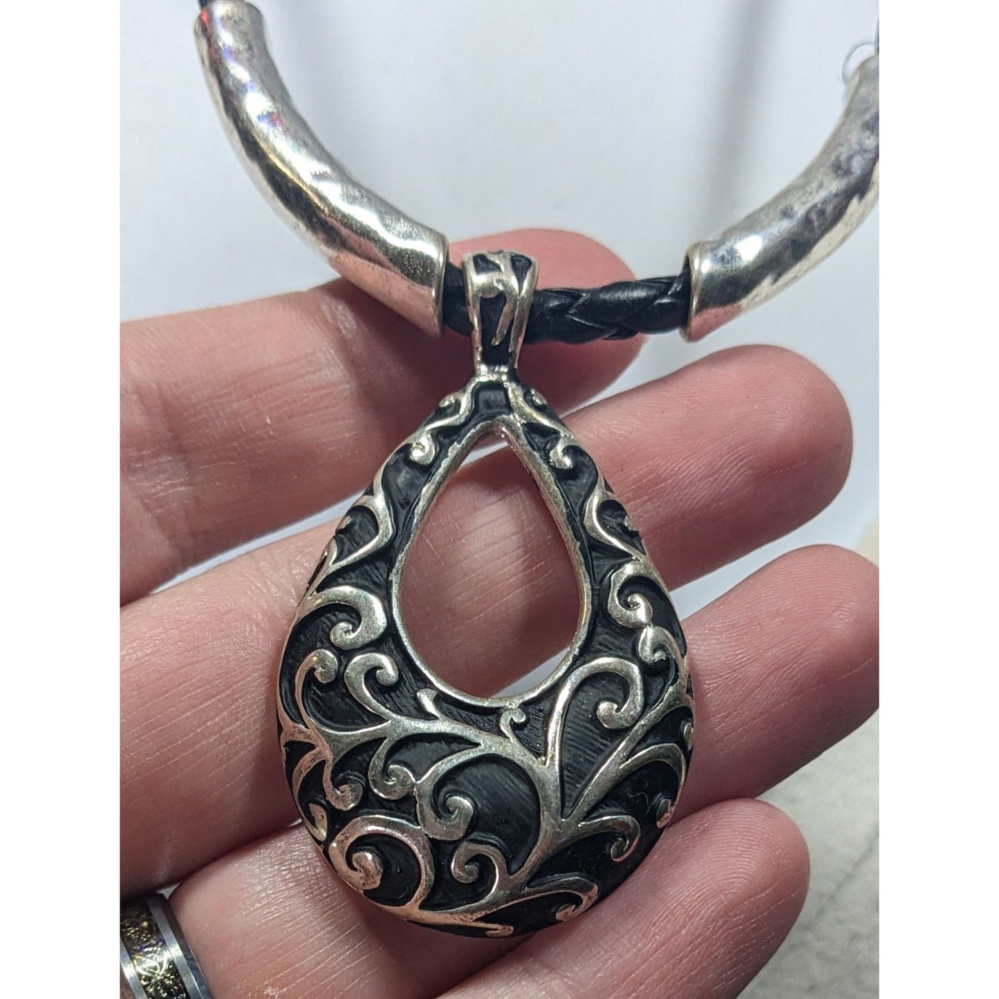 Victorian Gothic Floral Scroll Teardrop Black And Silver Tone Pendant Necklace