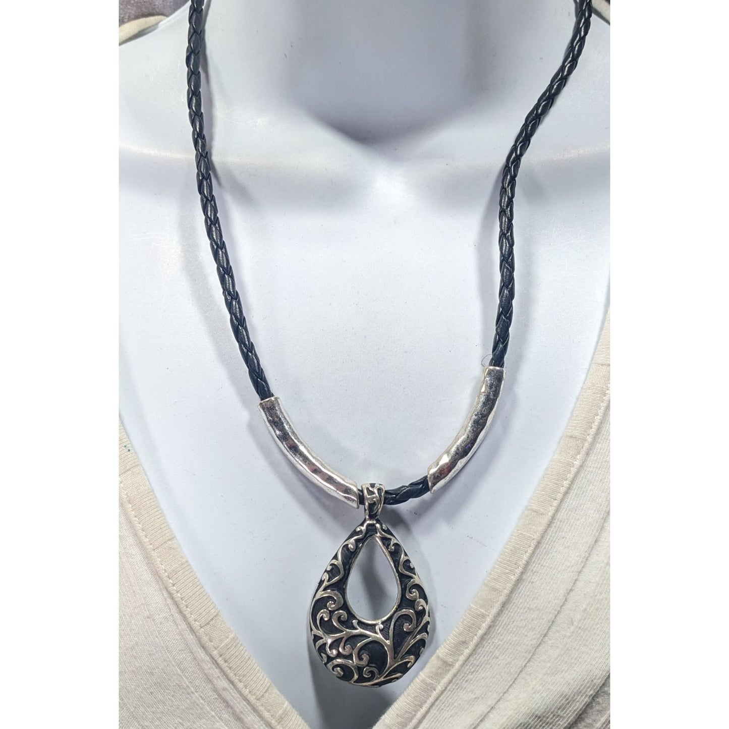 Victorian Gothic Floral Scroll Teardrop Black And Silver Tone Pendant Necklace