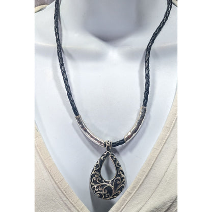 Victorian Gothic Floral Scroll Teardrop Black And Silver Tone Pendant Necklace