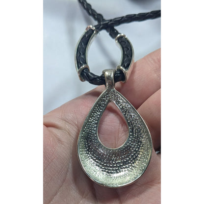 Victorian Gothic Floral Scroll Teardrop Black And Silver Tone Pendant Necklace