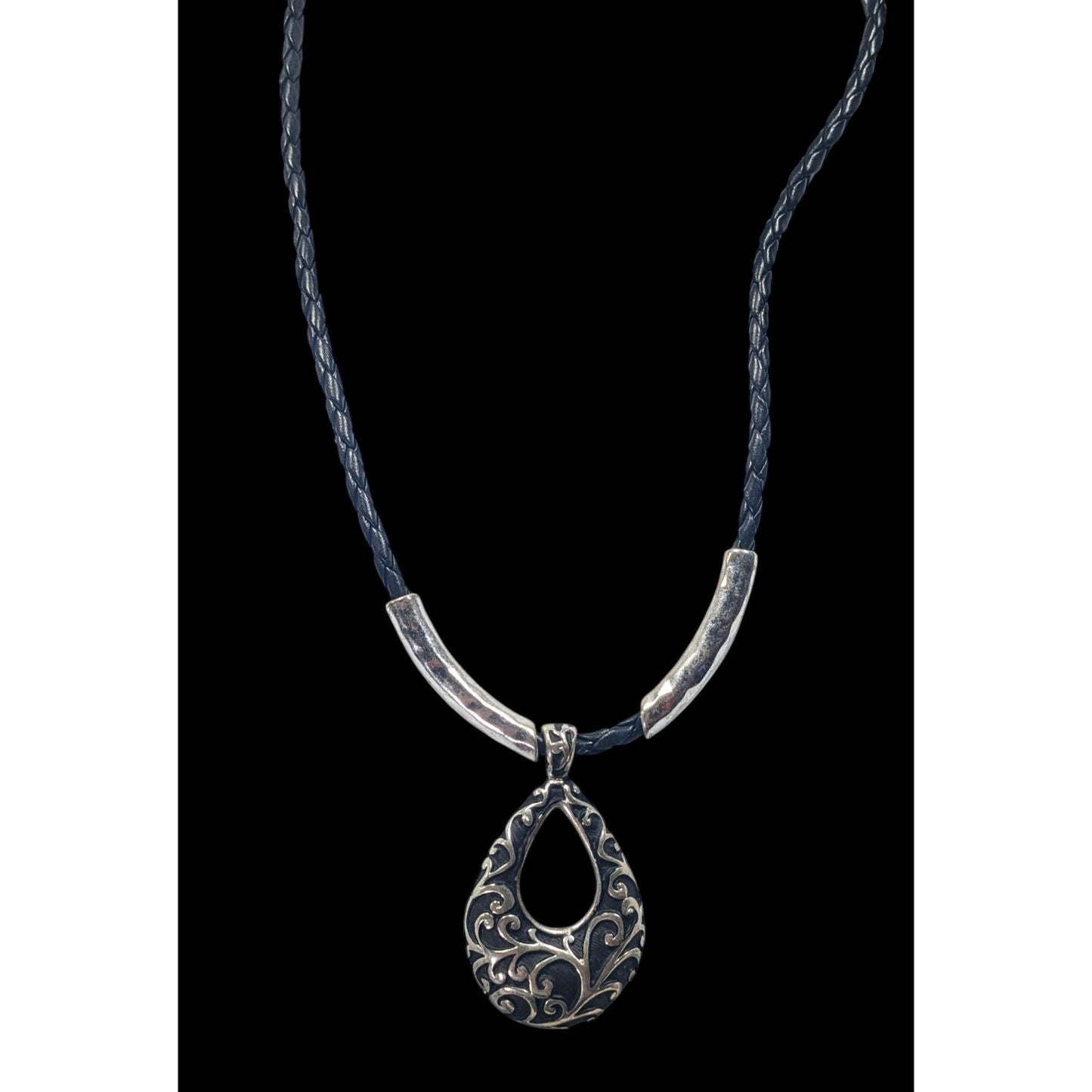Victorian Gothic Floral Scroll Teardrop Black And Silver Tone Pendant Necklace
