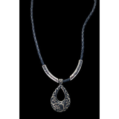 Victorian Gothic Floral Scroll Teardrop Black And Silver Tone Pendant Necklace