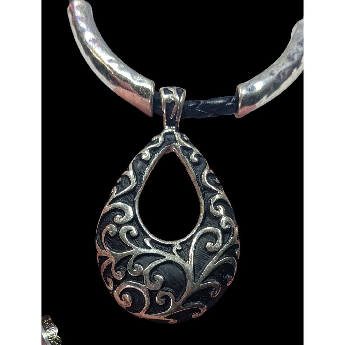 Victorian Gothic Floral Scroll Teardrop Black And Silver Tone Pendant Necklace