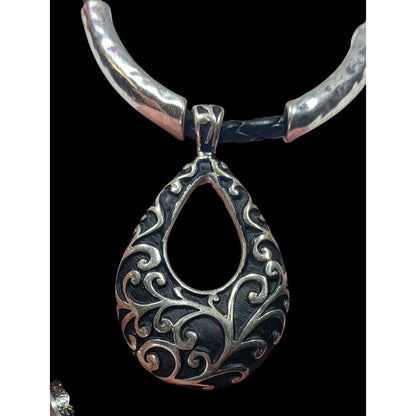 Victorian Gothic Floral Scroll Teardrop Black And Silver Tone Pendant Necklace