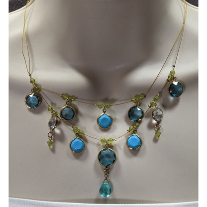 Elegant Blue And Green Gemmed Gold Tone Wire Necklace