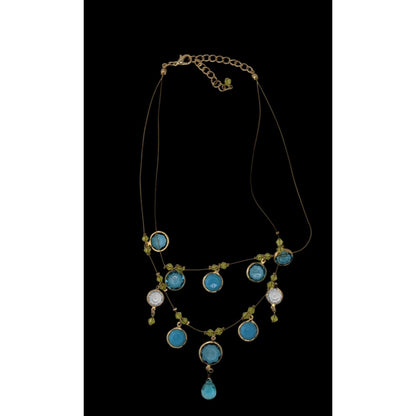 Elegant Blue And Green Gemmed Gold Tone Wire Necklace