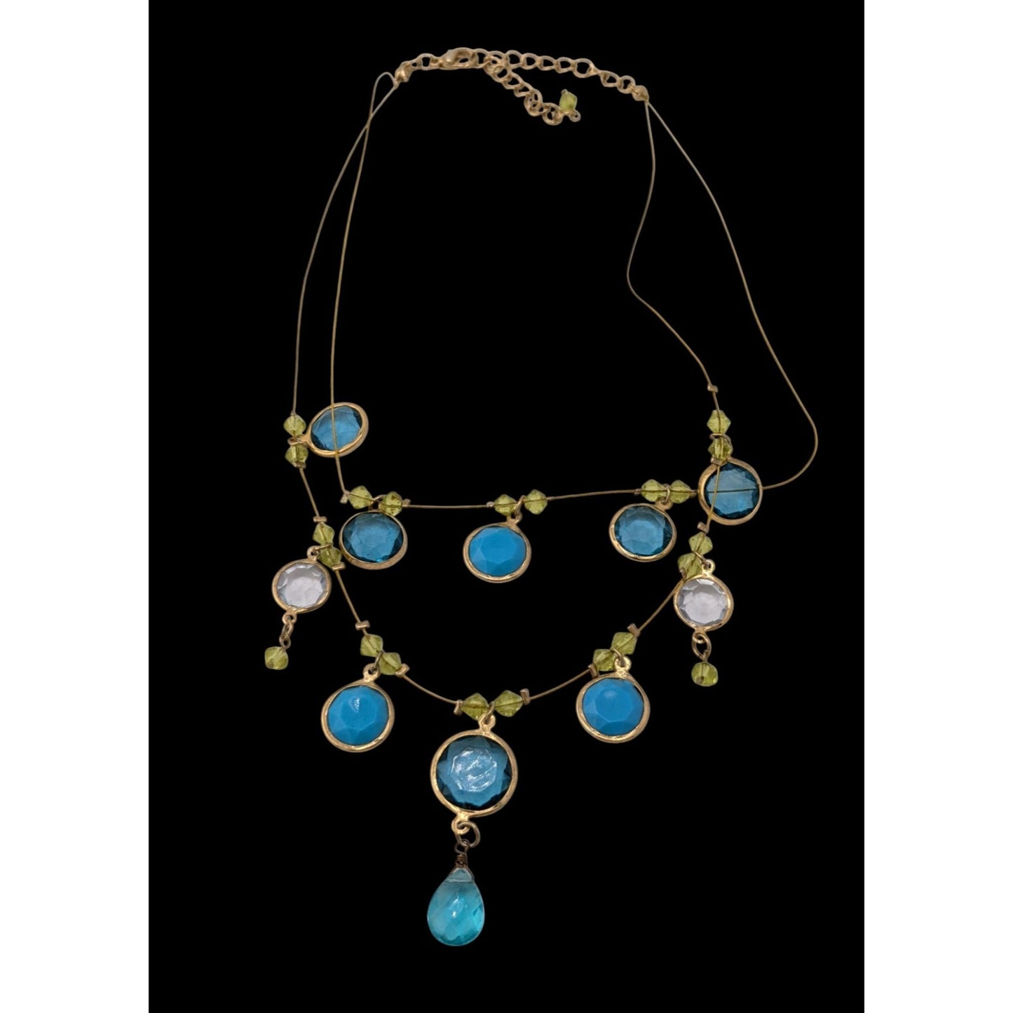 Elegant Blue And Green Gemmed Gold Tone Wire Necklace