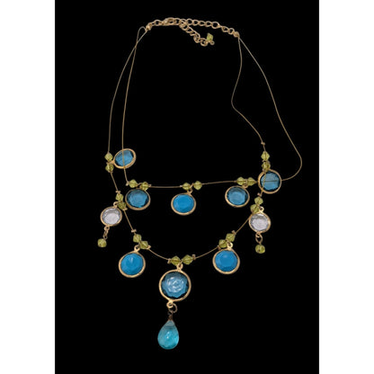 Elegant Blue And Green Gemmed Gold Tone Wire Necklace