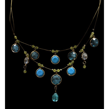 Elegant Blue And Green Gemmed Gold Tone Wire Necklace
